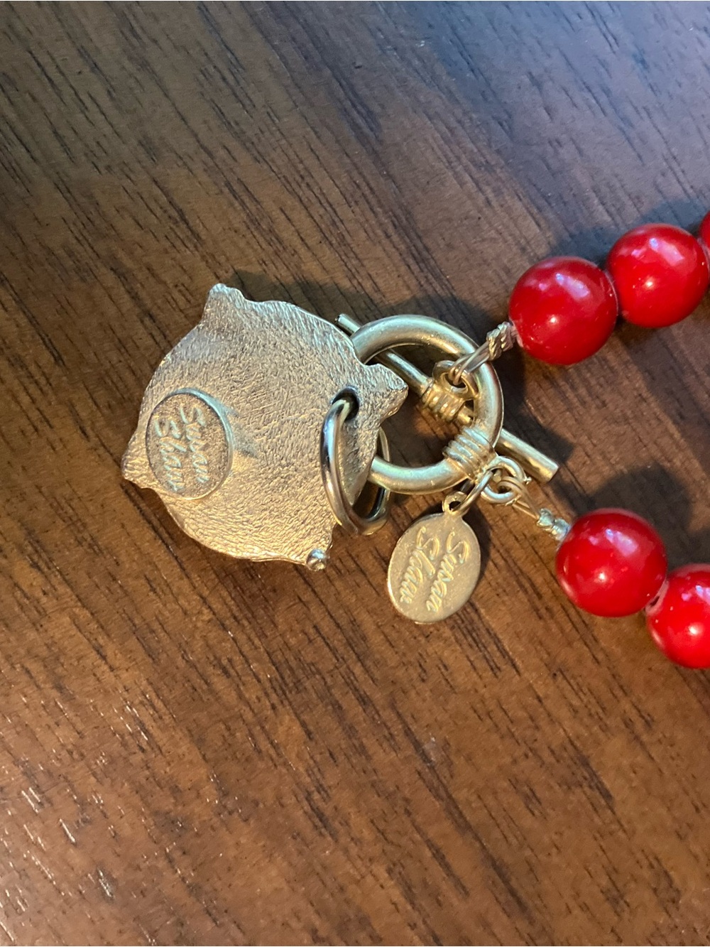 Coral Bead Bracelet with Gold Medallion Charm - Picture 2 of 3